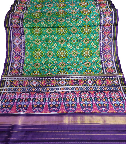 Semi Double Ikkat Patola Saree With green Tal Navaratn