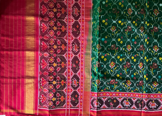 Brand new green Tal fancy Sal in rose Patan Patola First Copy Semi Ikkat Patola Saree.