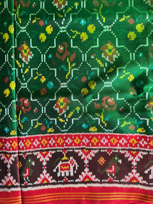 Brand new green Tal fancy Sal in rose Patan Patola First Copy Semi Ikkat Patola Saree.