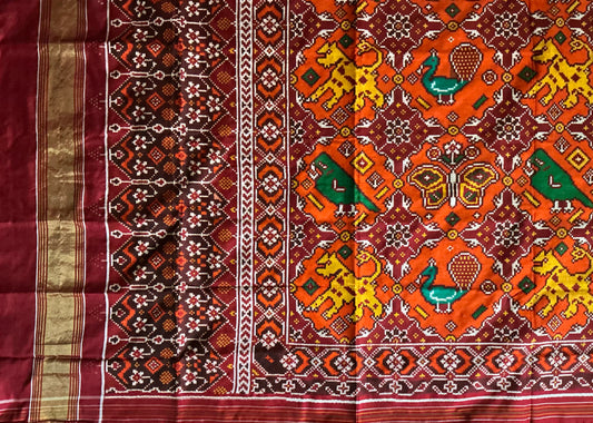 Original Double Ikkat Silk Patola Saree,with Orange colour Tal.